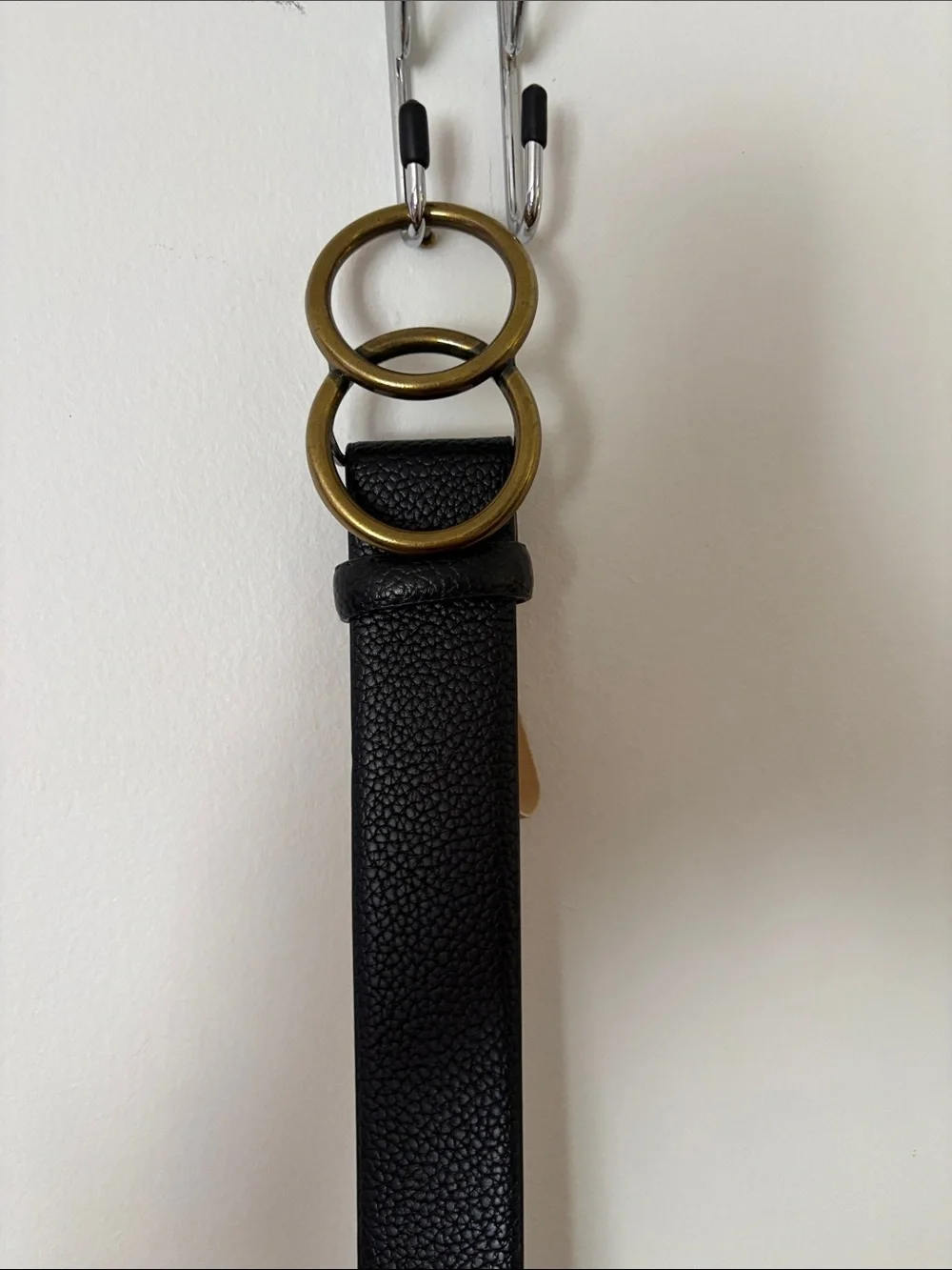 Black Pebbled Leather Belt with Antique Gold Double Rings